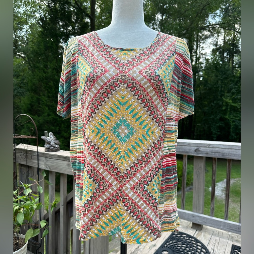 New Directions Aztec/Stripes Tunic Top
